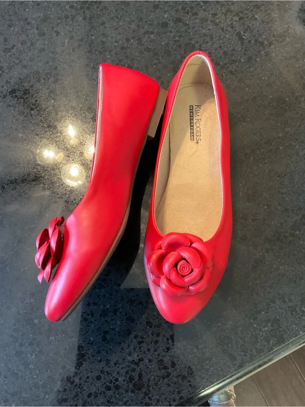 Kim Rogers Red Floral Rose Accent Rounded Point-Toe Ballet Flats